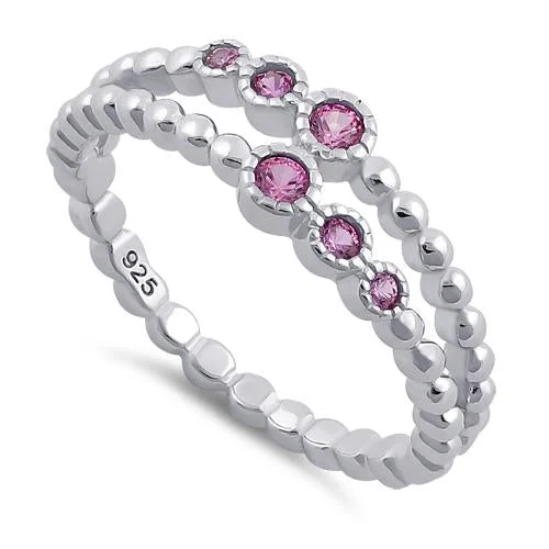 Ladies personalized name ring-Sterling Silver Double Beaded Pink CZ Ring