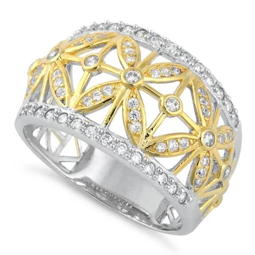 Ladies diamond ring set-Sterling Silver Gold Two Tone Flower Caged CZ Ring