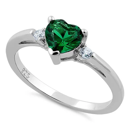 Ladies silver engagement ring-Sterling Silver Emerald Heart CZ Ring