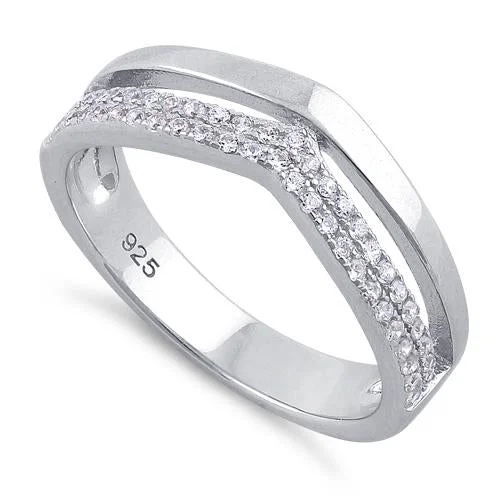 Ladies gold wedding band-Sterling Silver Double V-Accented Clear CZ Ring