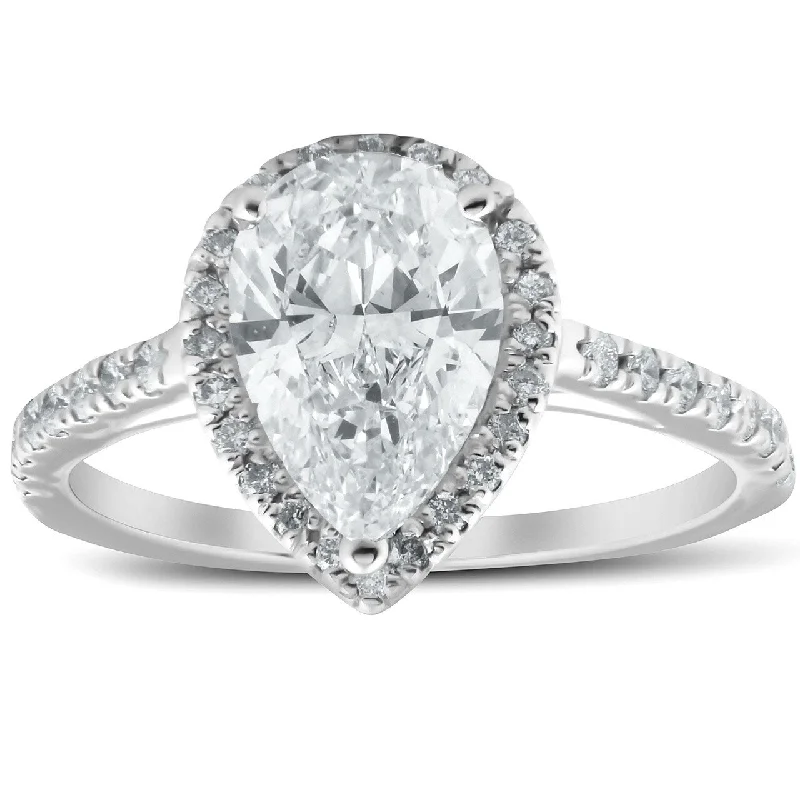 Ladies heart-shaped engagement ring-1 1/3 Ct Halo Pear Diamond Low Profile Engagement Ring White Gold Lab Grown