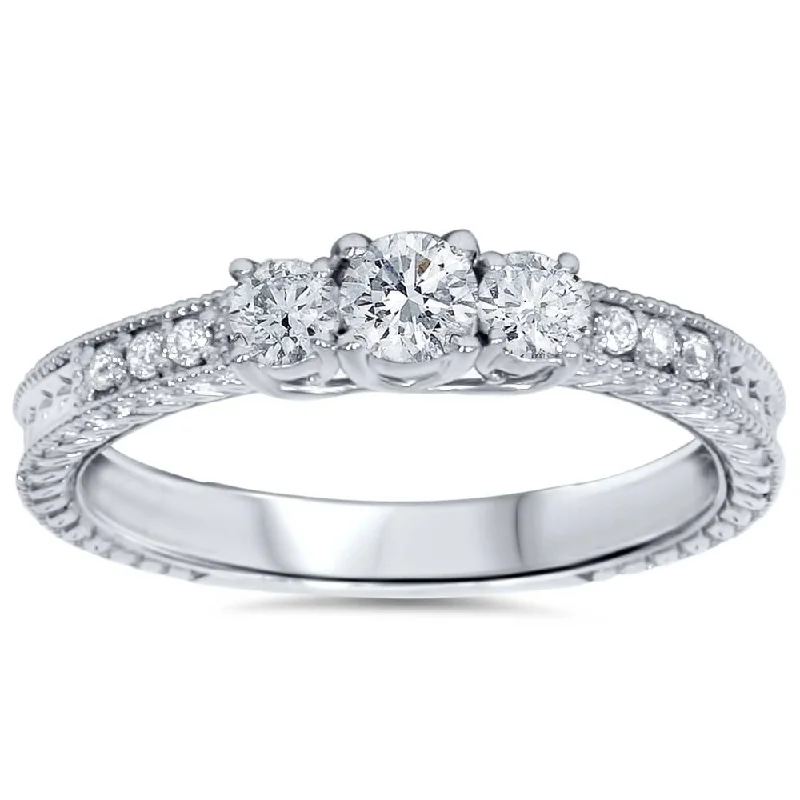 Ladies solitaire engagement ring-1/2ct Vintage Three Stone Round Diamond Engagement Ring White Gold