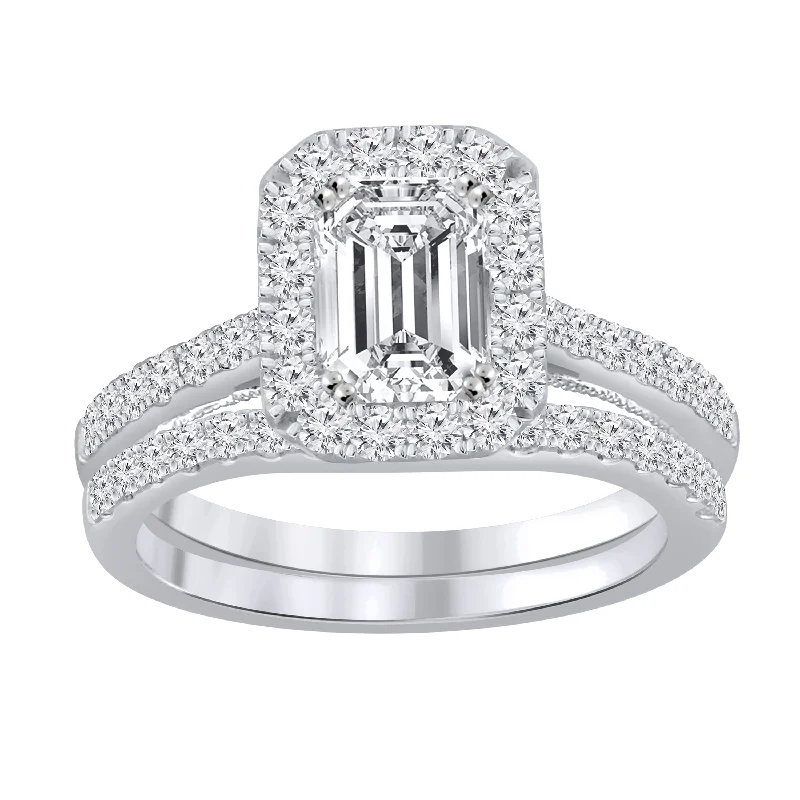 Ladies platinum engagement ring-Auriya 1 4/5ctw Emerald-cut Halo Diamond Engagement Ring Set 14k Gold