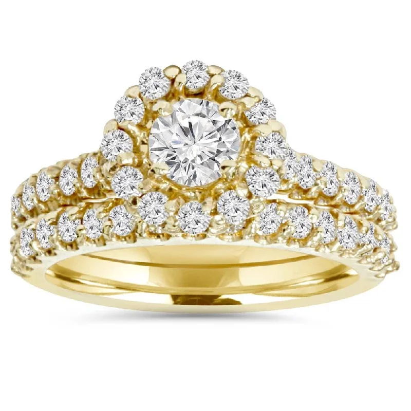 Ladies white gold engagement ring-1 7/8ct Round Diamond Halo Engagement Wedding Ring Set Yellow Gold