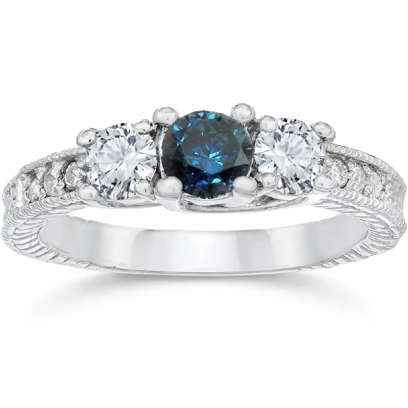 Ladies platinum engagement ring-1ct Vintage Blue Diamond 3-Stone Engagement Ring White Gold