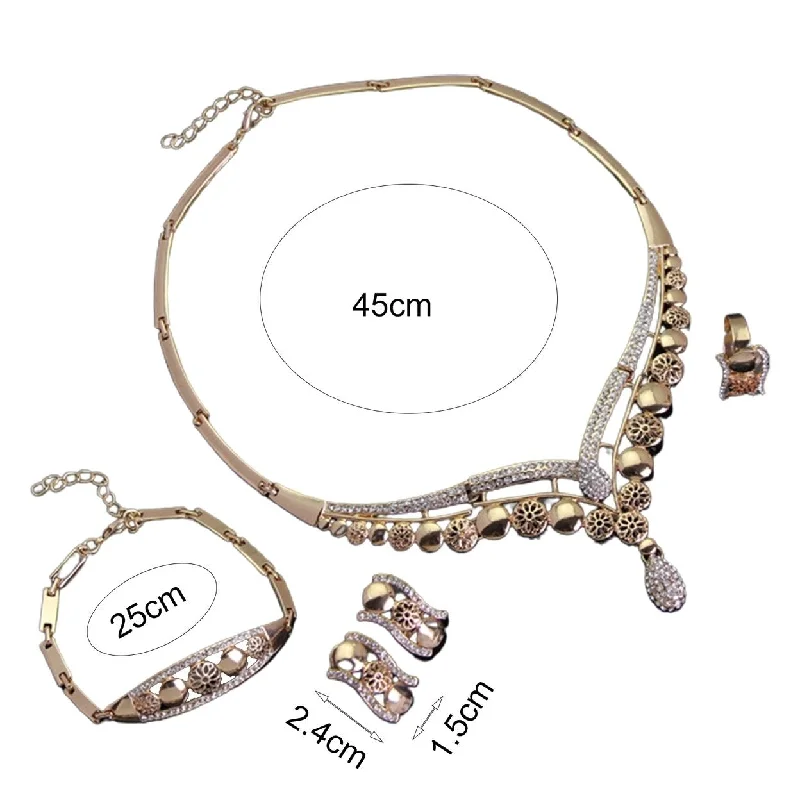 Ladies classic bangle-4Pcs/Set Hollow Geometry Shape Piercing Necklace Earrings Bracelet Ring Rhinestone Decor Women Choker Necklace Set - Golden