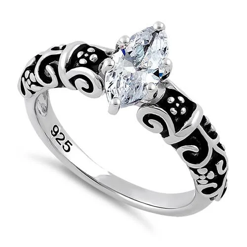 Ladies diamond ring set-Sterling Silver Oxidized Wild Vines Marquise Cut Clear CZ Ring