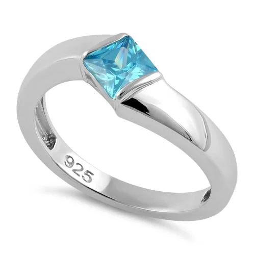 Ladies cocktail ring-Sterling Silver Channel Bar Square Aqua CZ Ring