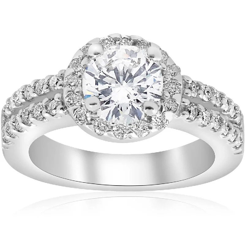 Ladies elegant platinum engagement ring-1 1/2ct Halo Diamond Engagement Ring 14K White Gold Double Row