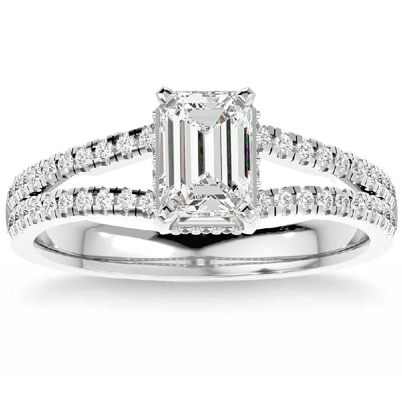 Ladies engagement ring with side diamonds-1 1/2Ct Emerald Cut Diamond Engagement Ring White, Yellow or Rose Gold Lab Grown