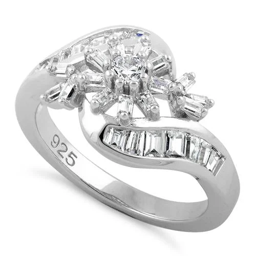 Ladies platinum engagement ring-Sterling Silver Blooming Flower Clear CZ Ring