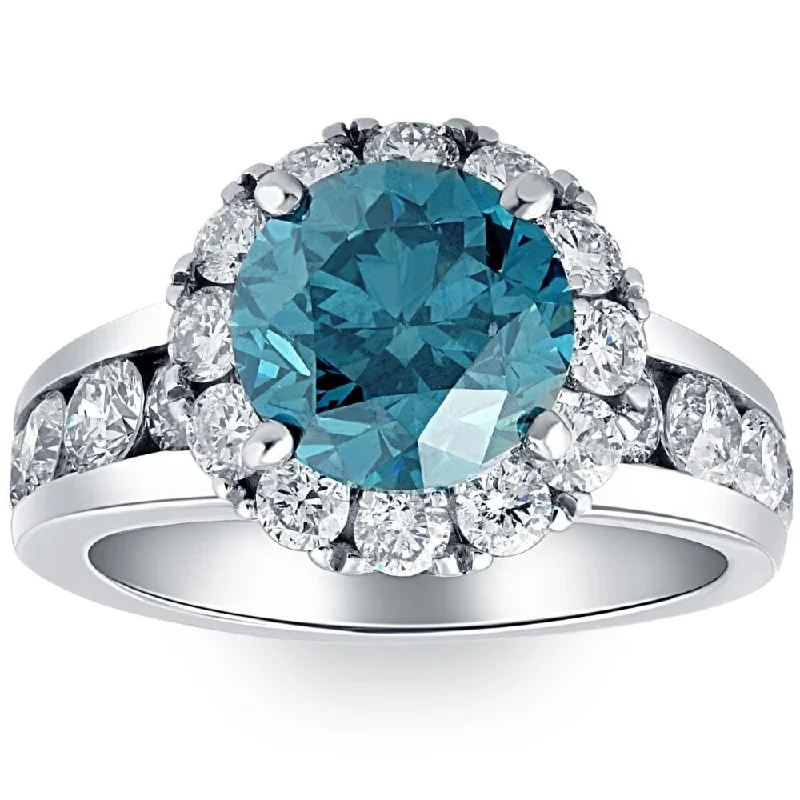 Ladies engagement ring with sapphire-5Ct Blue Diamond Halo Engagement Ring in White Gold Lab Grown