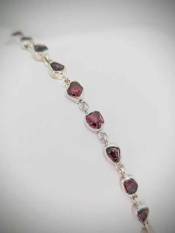 Ladies braided bracelet-Silver Raw Cut Natural Garnet 8in Bracelet