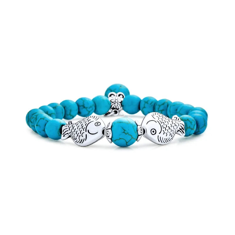 Ladies luxury silver bracelet-Nautical Blue Turquoise Pisces Charm Stretch Bracelet with Silver Plated Beads - Blue Turquoise