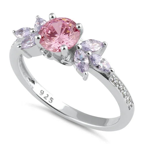 Ladies gold ring-Sterling Silver Flower Leaves Pink and Lavender CZ Ring