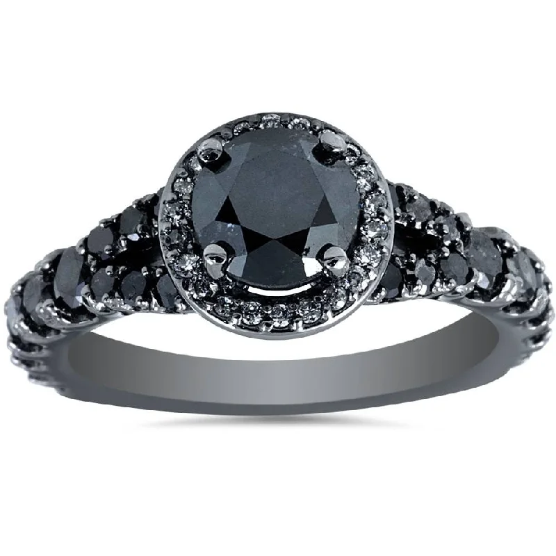 Ladies engagement ring with twisted band-1 3/8ct Treated Black Diamond Split Shank Halo Engagement Ring White Gold