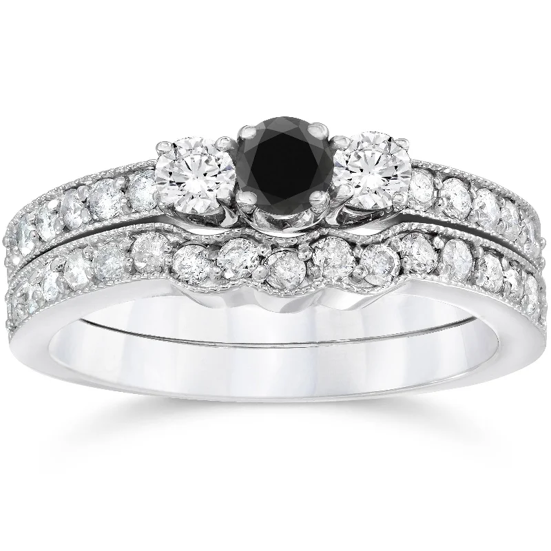 Ladies cushion cut diamond engagement ring-3/4ct Round Black Diamond Three Stone Wedding Engagement Ring Set White Gold