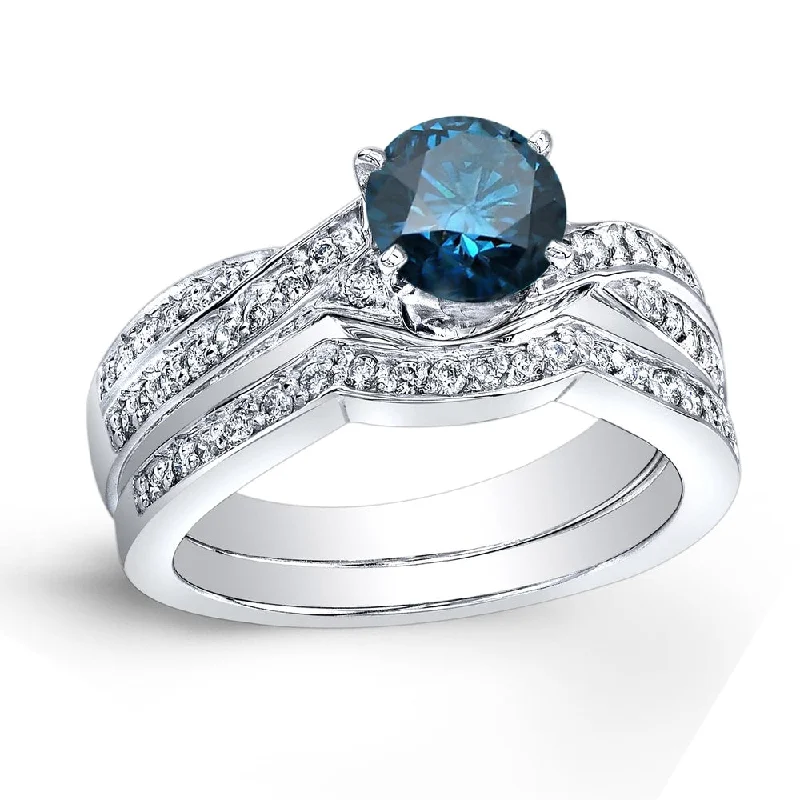 Ladies platinum and diamond engagement ring-Auriya Platinum 3/4ctw Twisted Round Blue Diamond Engagement Ring Set