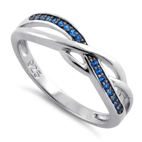 Ladies wedding ring set-Sterling Silver Free Form Blue CZ Ring