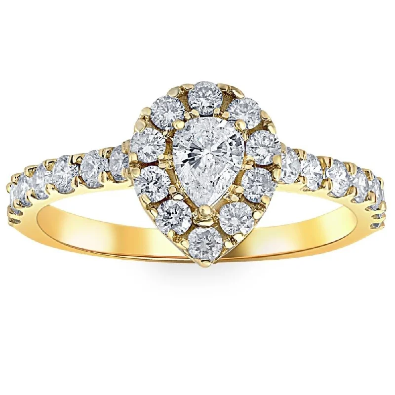 Ladies simple diamond engagement ring-1Ct Pear Shape Diamond Halo Engagement Ring in White, Yellow, or Rose Gold