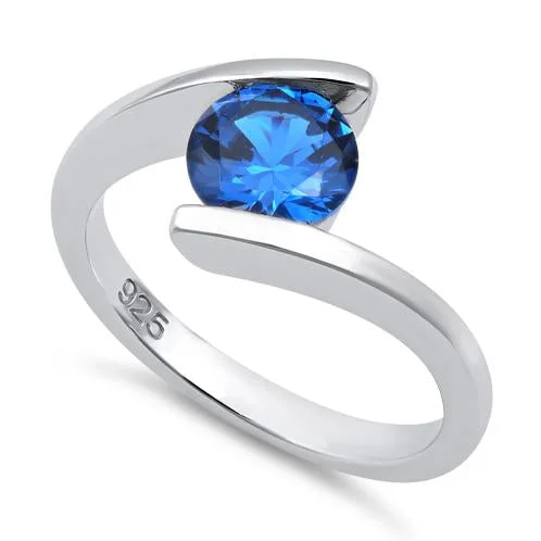 Ladies sapphire ring-Sterling Silver Round Bezel Blue Spinel CZ Ring