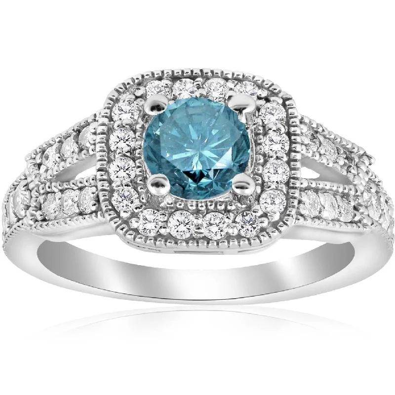 Ladies oval cut engagement ring-1 1/10ct Blue Diamond Cushion Halo Engagement Ring White Gold