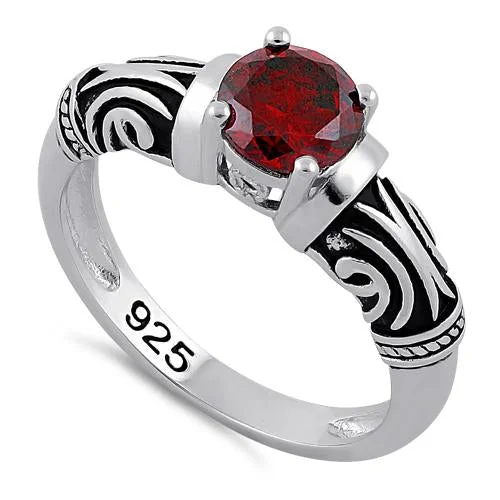 Ladies stackable ring-Sterling Silver Tribal Round Cut Garnet CZ Ring