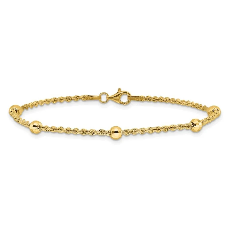 Ladies cuff bangle-Curata 14k Yellow Gold 7.5" 3.9mm Diamond Cut Beaded Rope Chain Bracelet