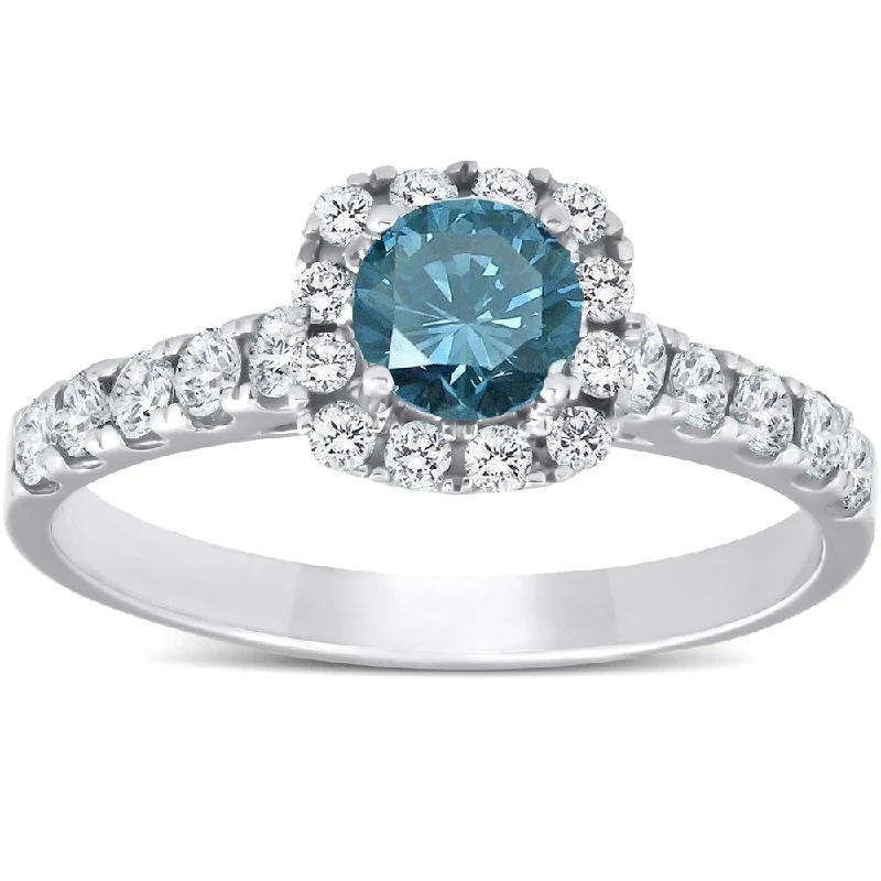 Ladies rose gold solitaire engagement ring-Pompeii3 14k White Gold 1 Ct TDW Blue Diamond Cushion Halo Engagement Ring