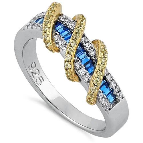 Ladies sterling silver ring-Sterling Silver Two Tone Gold Plated Exotic Twisted Yellow & Blue Spinel CZ Ring