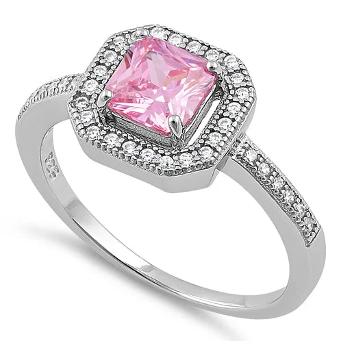 Ladies silver gemstone ring-Sterling Silver Pink CZ Cushion Halo Ring