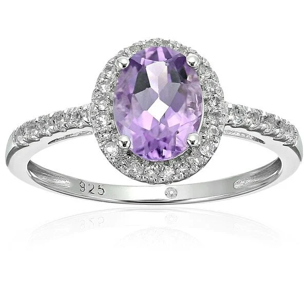 Ladies engagement ring with sapphire-Sterling Silver Amethyst, White Topaz Halo Engagement Ring