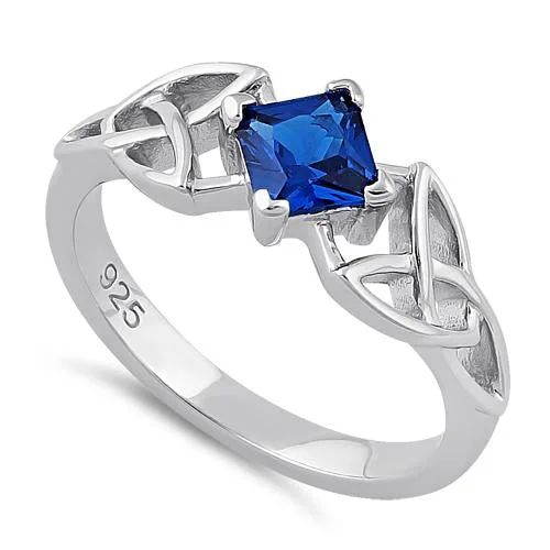 Ladies custom-made ring-Sterling Silver Celtic Princess Cut Blue Spinel CZ Ring