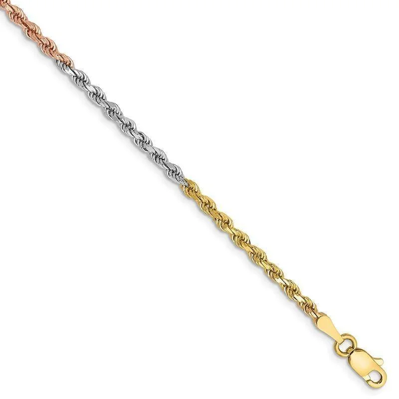 Ladies lucky charm bracelet-14k Tri-Color 2.5mm Diamond Cut Rope Bracelet