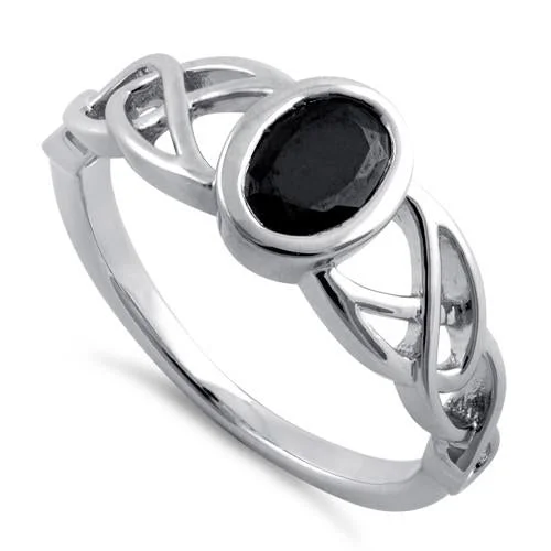 Ladies statement diamond ring-Sterling Silver Black Oval Celtic CZ Ring