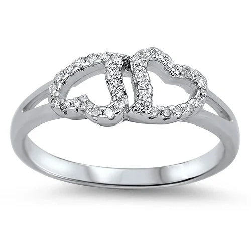 Ladies diamond wedding ring-Sterling Silver Double Heart CZ Ring