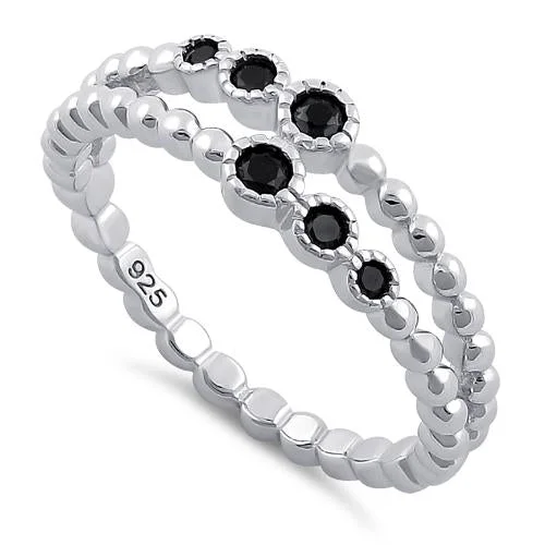 Ladies statement diamond ring-Sterling Silver Double Beaded Black CZ Ring