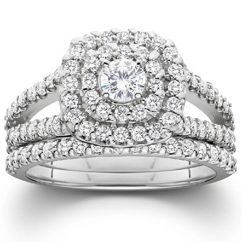 Ladies large diamond engagement ring-Pompeii3 Platinum 1 1/10 ct TDW Diamond Cushion Halo Engagement Wedding Ring Set