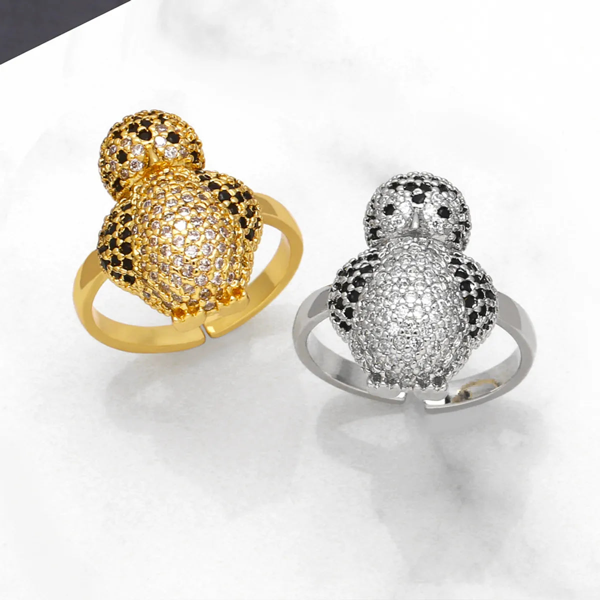 Ladies custom-made ring-Ig Style Streetwear Penguin Copper Plating Inlay Zircon 18k Gold Plated Open Rings