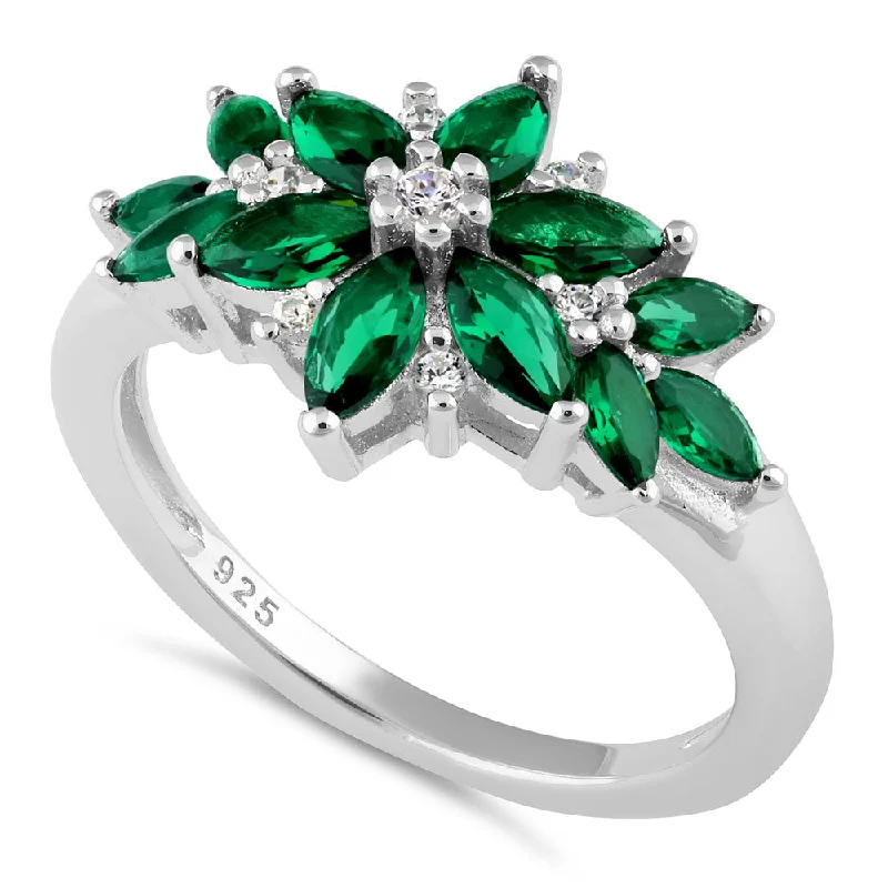 Ladies princess-cut ring-Sterling Silver Green Flower CZ Ring