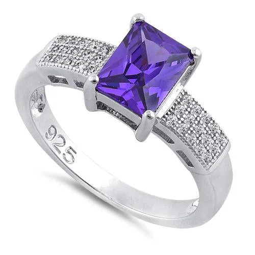 Ladies unique engagement ring-Sterling Silver Emerald Cut Amethyst CZ Ring