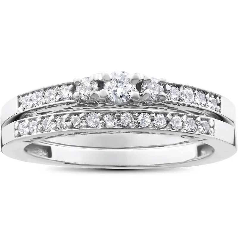 Ladies eternity band engagement ring-1/2ct 3 Stone Engagement Wedding Ring Set White Gold