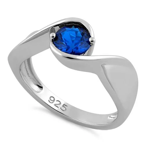 Ladies emerald ring-Sterling Silver Twisted Round Blue Spinel CZ Ring