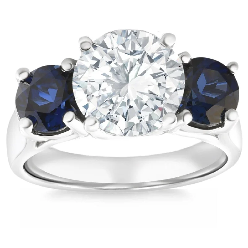 Ladies classic engagement ring-Certified 4Ct Diamond & Blue Sapphire Engagement Ring Gold Lab Grown