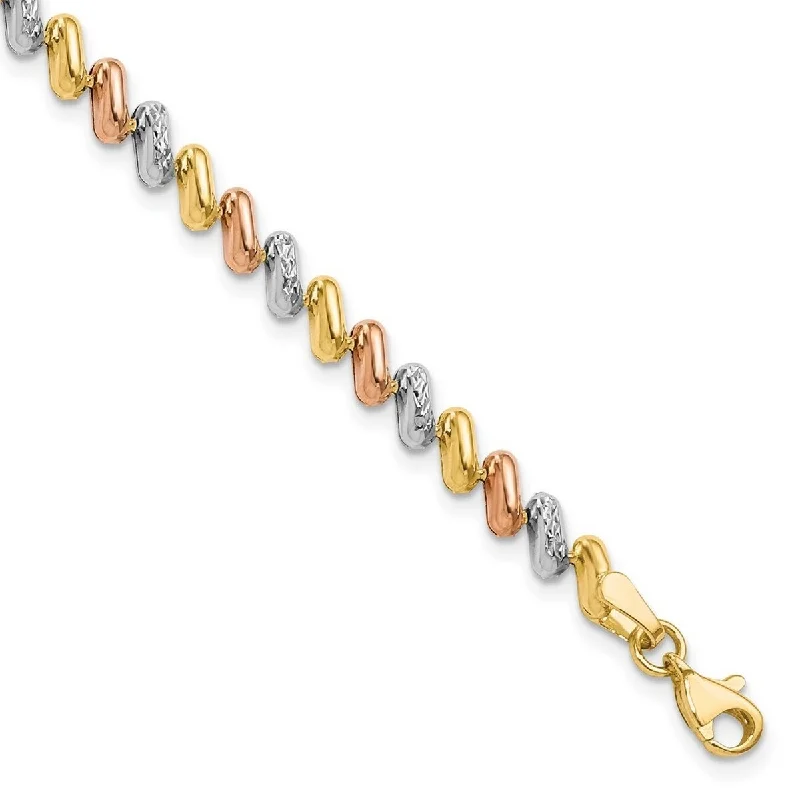 Ladies silver bracelet-Curata 10k Tri color Gold 7.5" Polished Textured San Marco Link Bracelet