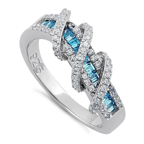 Ladies eternity ring for women-Sterling Silver Exotic Twisted Blue Topaz & Clear CZ Ring