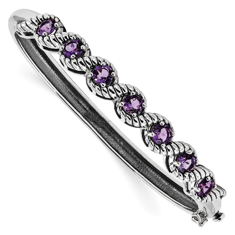 Ladies bangles for weddings-Curata 63.1mm 925 Sterling Silver Rhodium Plated Amethyst Hinged Cuff Stackable Bangle Bracelet