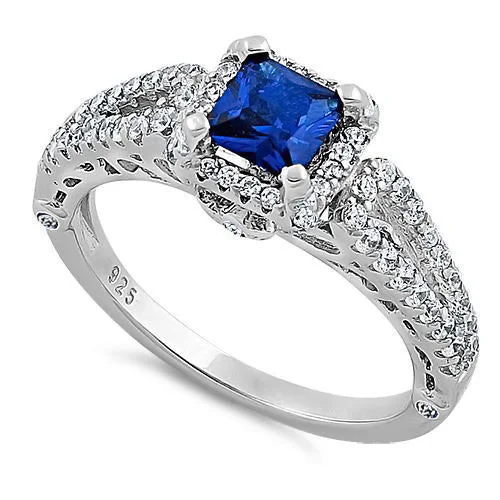 Ladies promise ring-Sterling Silver Lavish Blue Spinel Princess Cut CZ Ring