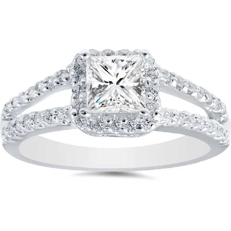 Ladies diamond halo engagement ring-1ct Halo Split Shank Princess Cut Vintage Diamond Engagement Ring White Gold