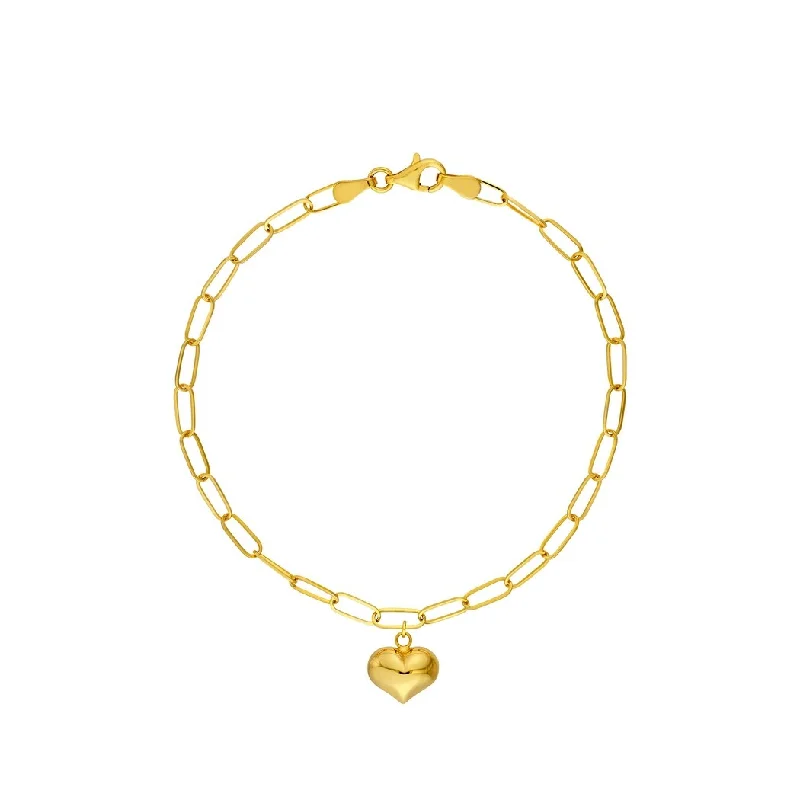 Ladies luxury gold bracelet-Curata 14k Yellow Gold 7.5" Dangling Puffed Heart Paperclip Chain Bracelet